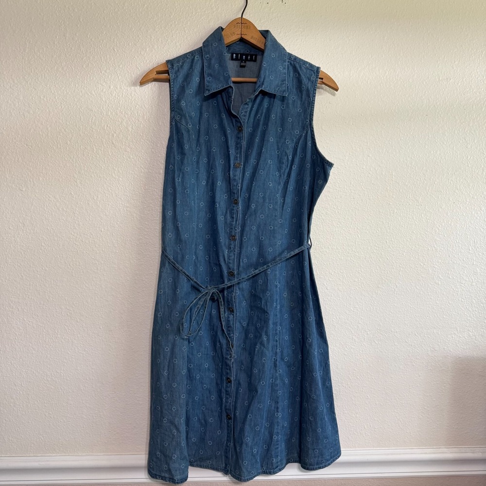 Bluet Shirt Dress Womens 8 Blue Denim Polka Dot Sleeveless Belt Classic 90s Y2K